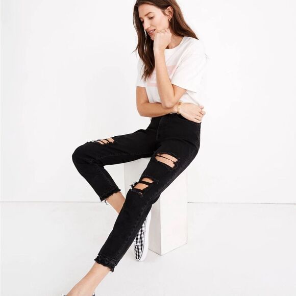 Madewell The Momjean in Raney Wash: Knee-Rip Edition Black- Size 26 - Picture 2 of 11